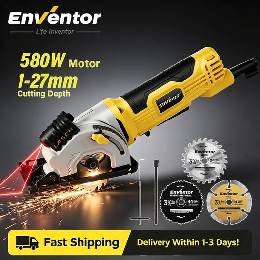 Enventor Mini Circular Saw 580W 4000RPM For Wood 3 Blades