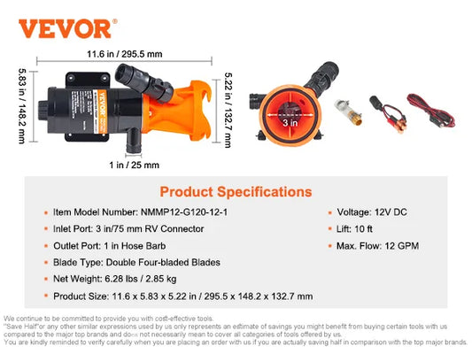 SucceBuy RV Portable Macerator Pump 12V 12 GPM Output