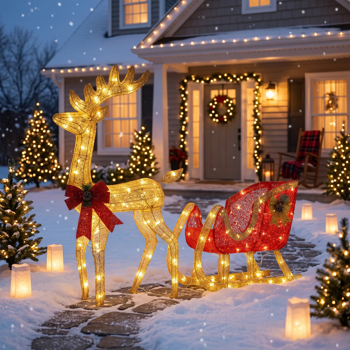 Illuminated Christmas Reindeer Sleigh Outdoor Garden LED Ornament