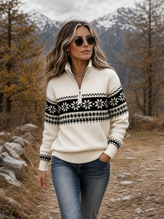 Women Snowflake Fair Isle Half Zip Mock Neck Sweater