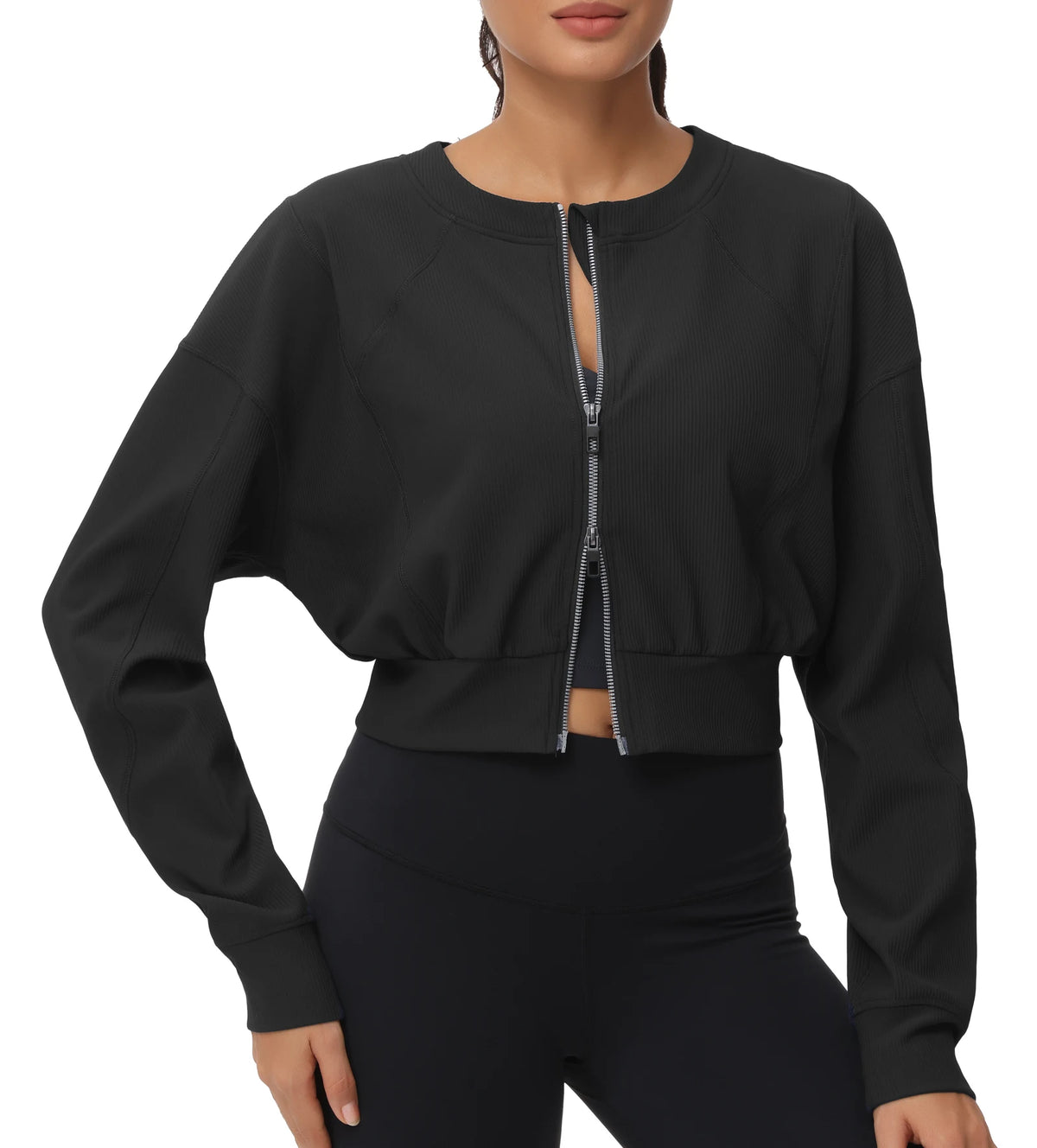 The Gym People Women Lightweight Ribbed Cropped Zip Jacket