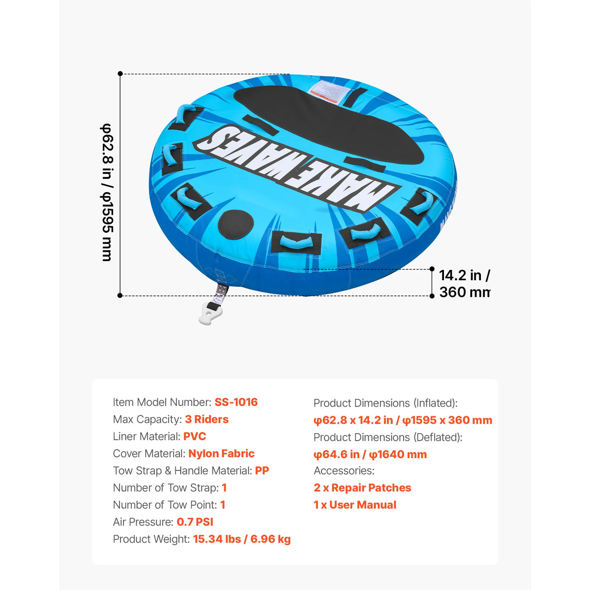SucceBuy Two Rider Inflatable Towable Tube For Boating Adventures