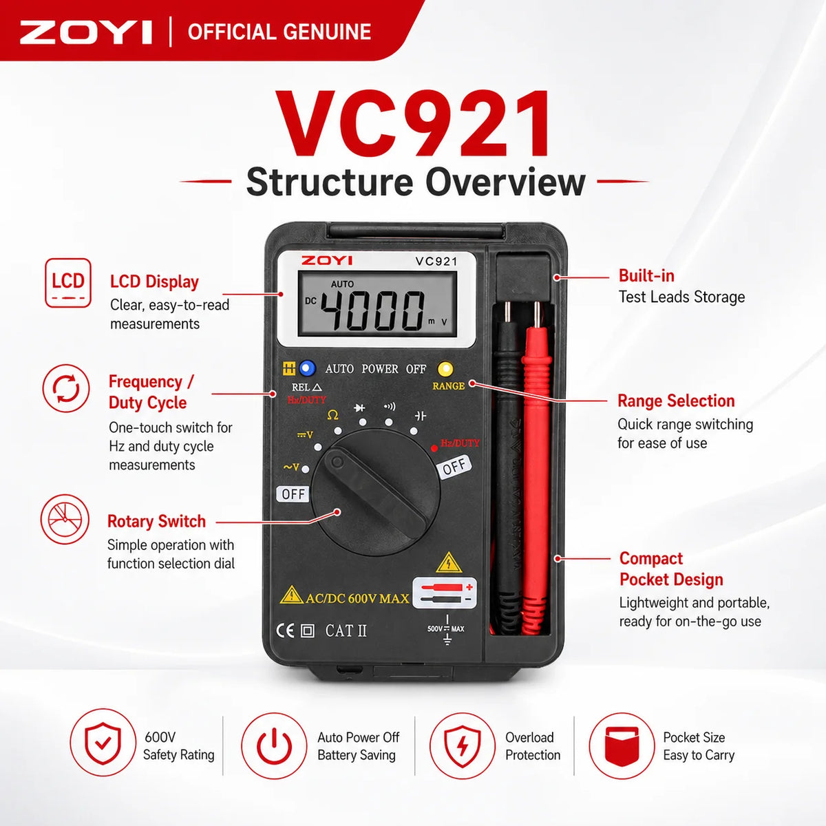 ZOYI Auto Range Digital Multimeter AC DC Pocket Voltmeter
