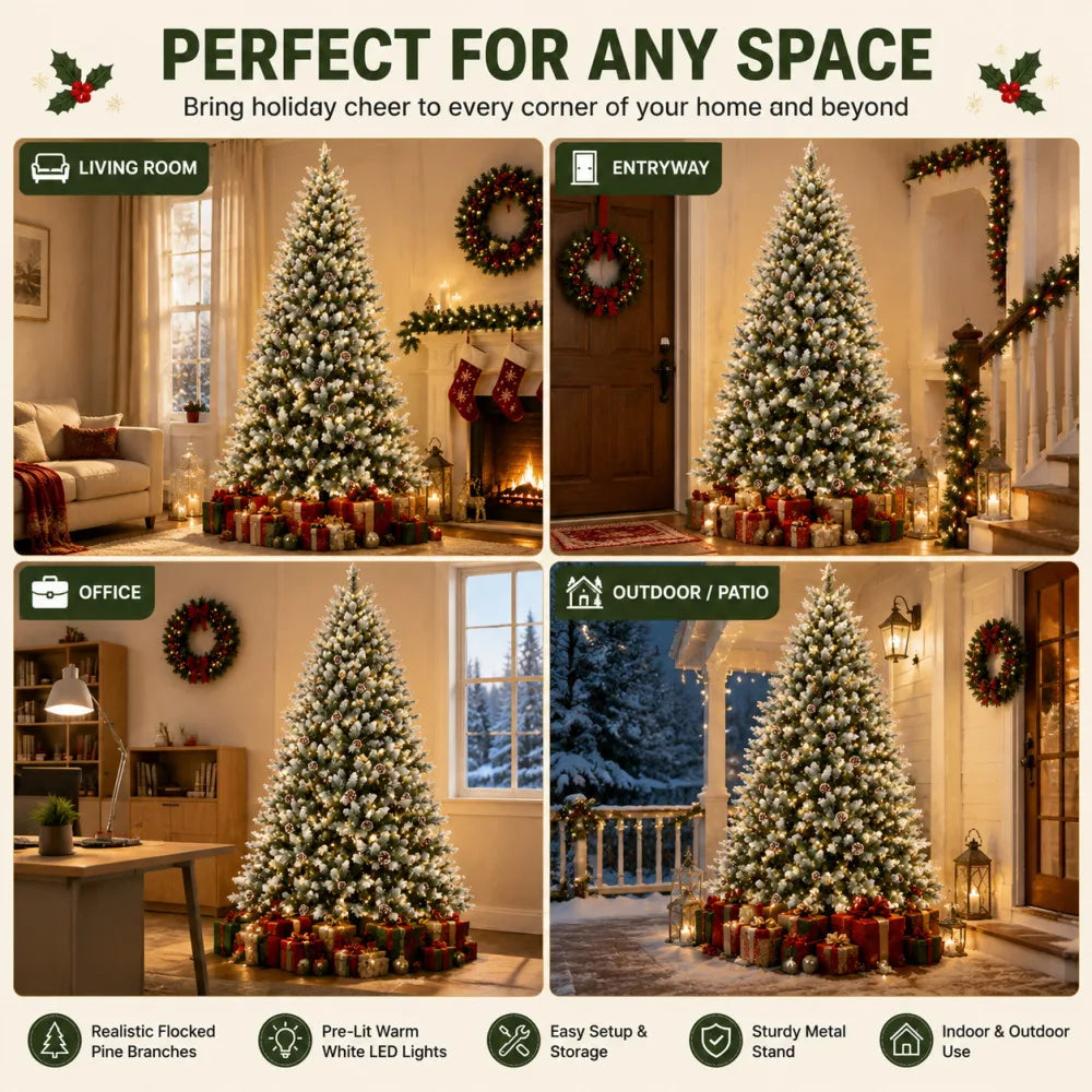 Anixol Pre Lit Flocked Artificial Christmas Tree With Led Lights