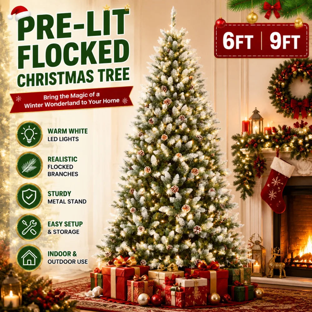 Anixol Pre Lit Flocked Artificial Christmas Tree With Led Lights