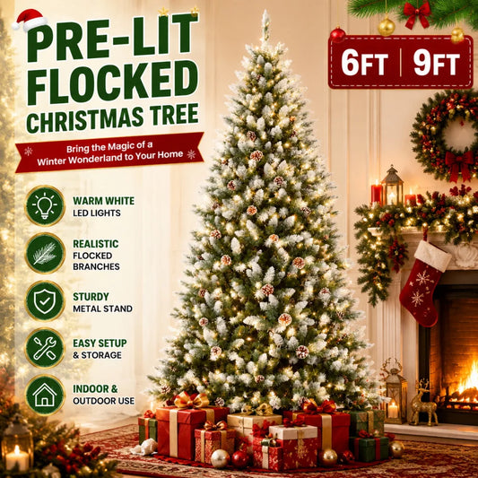 Anixol Pre Lit Flocked Artificial Christmas Tree With Led Lights