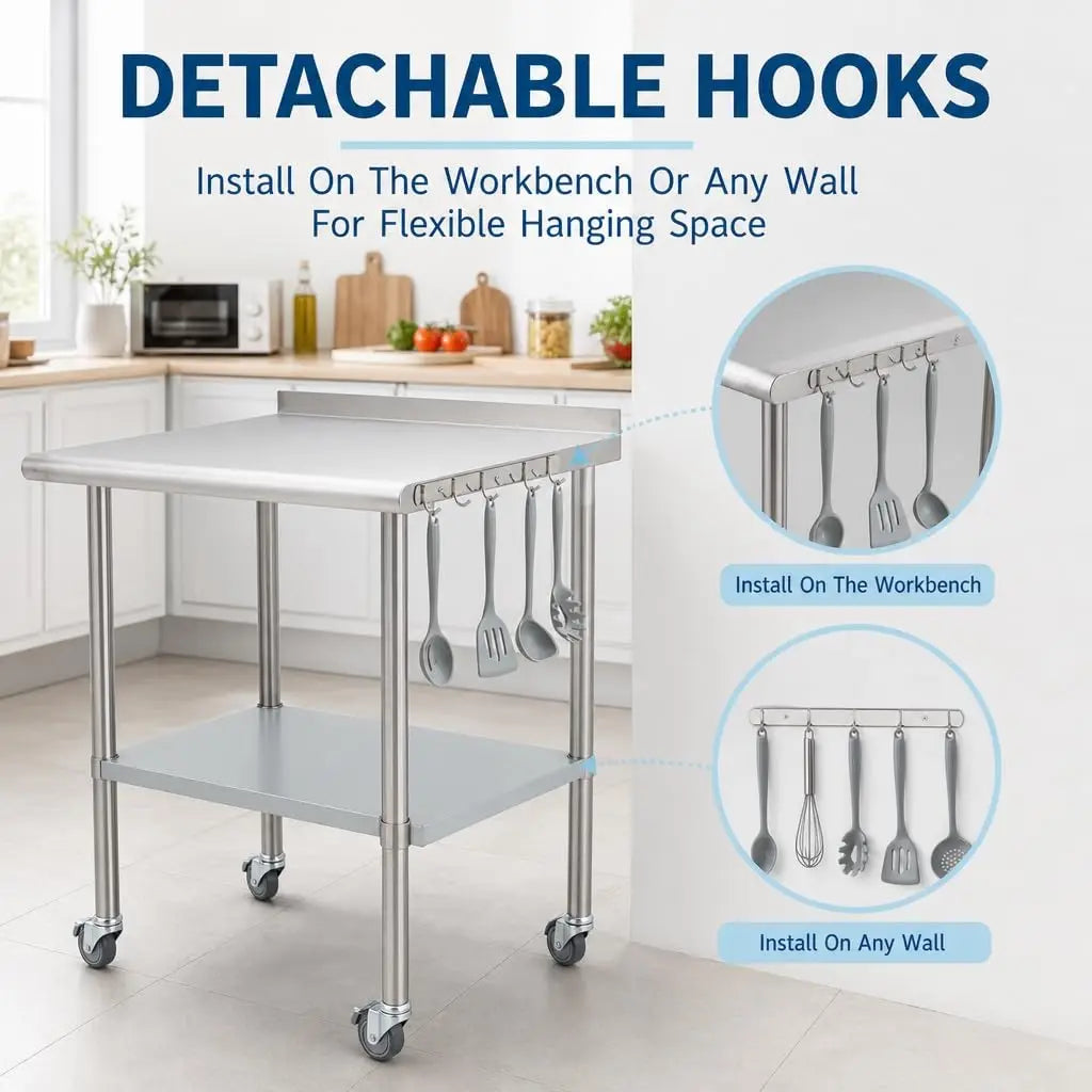 Stainless Steel Commercial Prep Table With Casters And Adjustable Undershelf