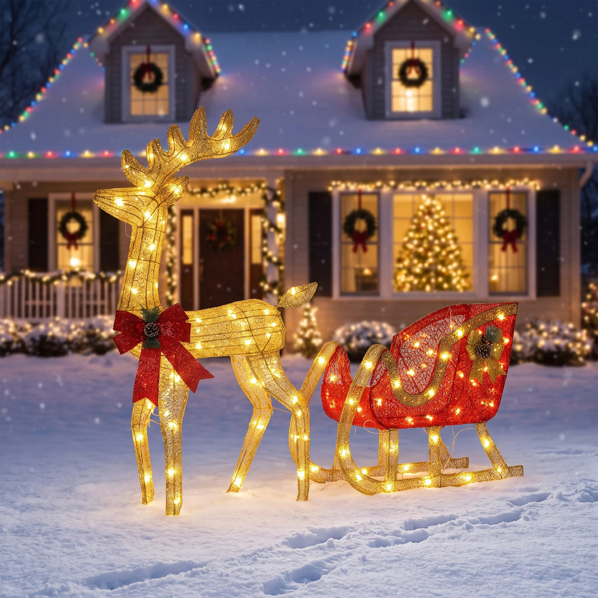 Illuminated Christmas Reindeer Sleigh Outdoor Garden LED Ornament