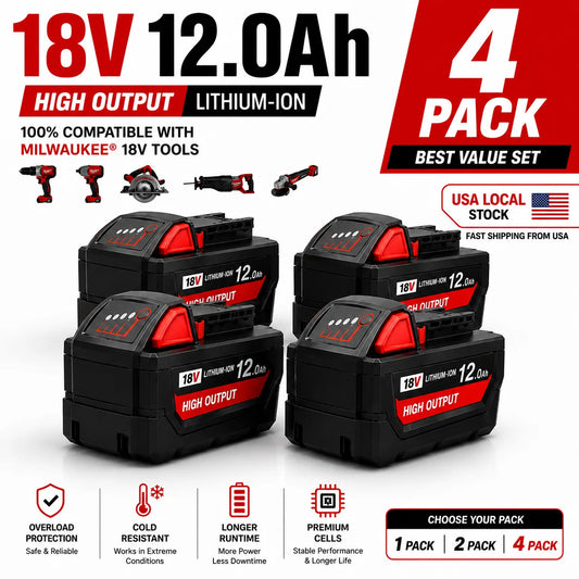 12.0Ah Replacement Battery for Milwaukee M18, 1/2/4-Pack Options