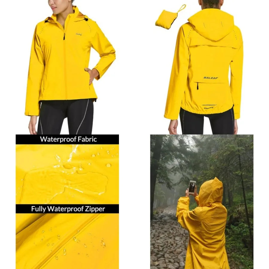 Waterproof Packable Rain Jacket with Reflective Hood for Women's Running