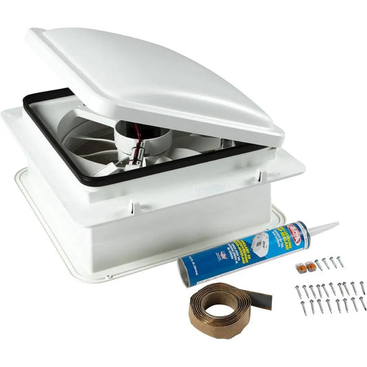 10-Blade, 14" RV Rooftop Vent Exhaust Fan with Lid, Four Fan Speeds, Push-Button Controls, Removable Insect Screen, Flush-Mount