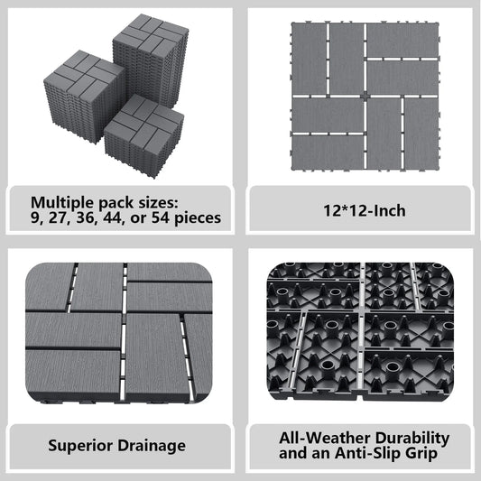 Plastic Interlocking Deck Tiles, 84-Pack, 12 x 12 Inches