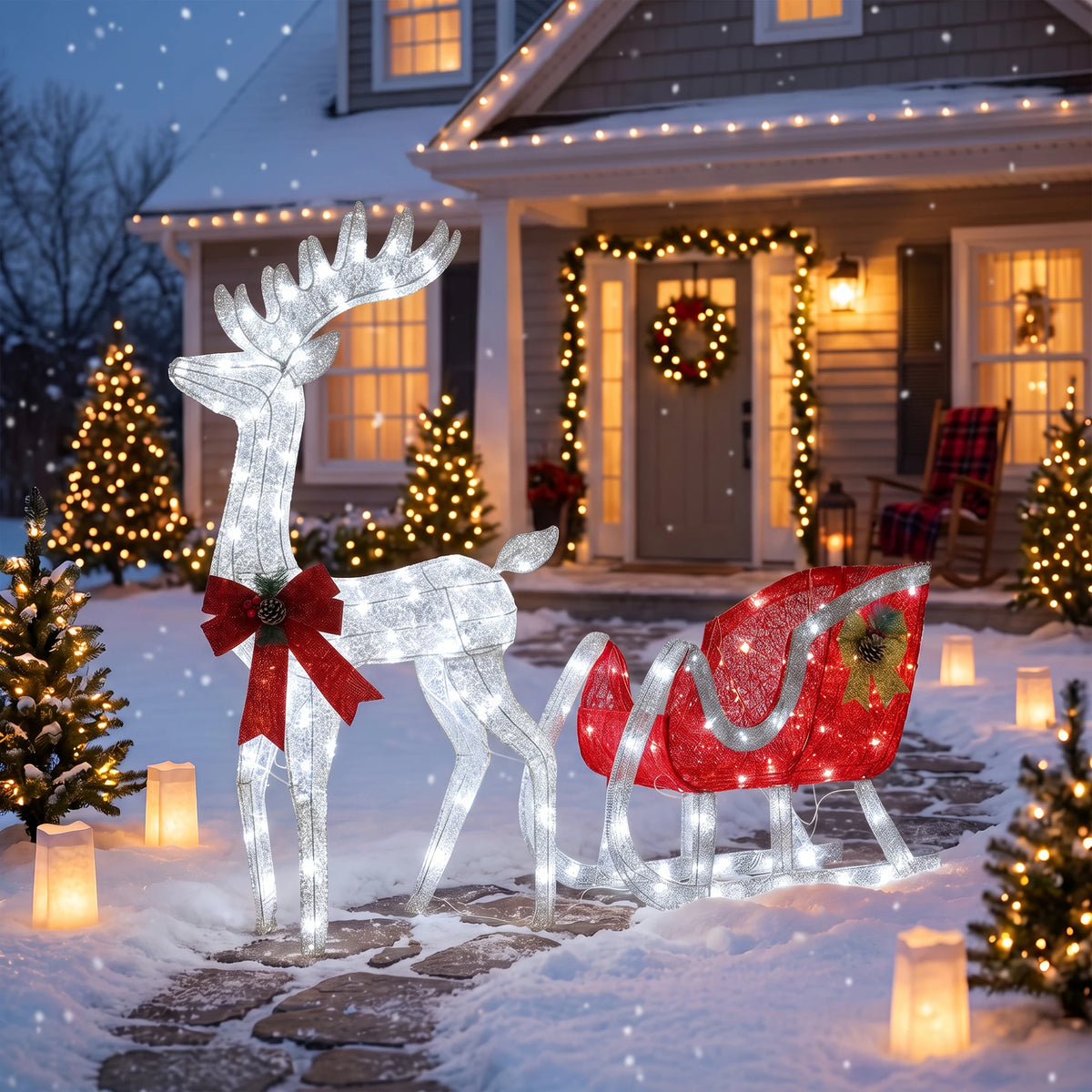 Illuminated Christmas Reindeer Sleigh Outdoor Garden LED Ornament