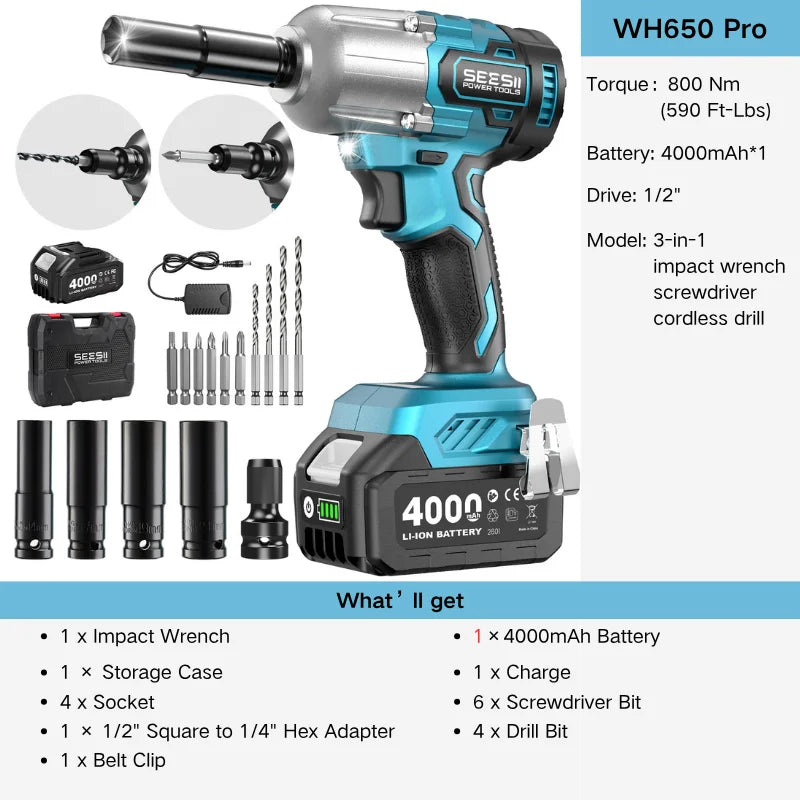 Seesii Cordless Impact Wrench And Brushless Drill Kit