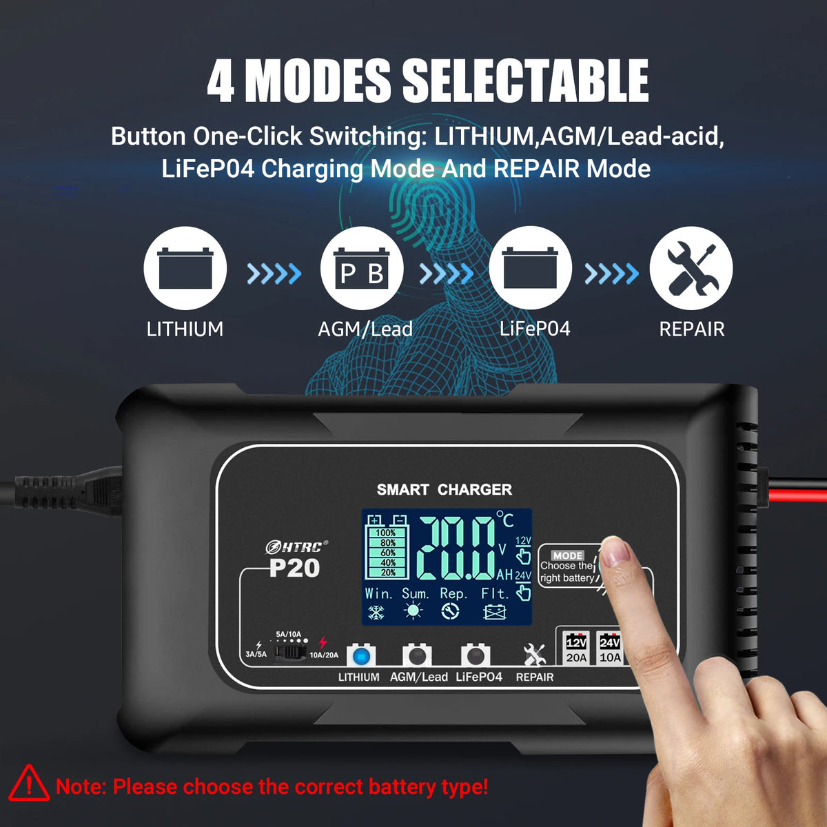 HTRC Automatic Car Battery Charger With Digital Display For Vehicles