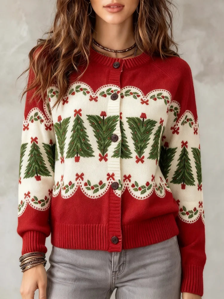 Women's Vintage Christmas Cardigan Sweater Retro Button Up Holiday Top