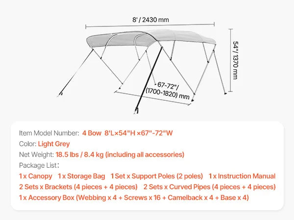 SucceBuy 4 Bow Boat Bimini Top With Aluminum Frame Canopy