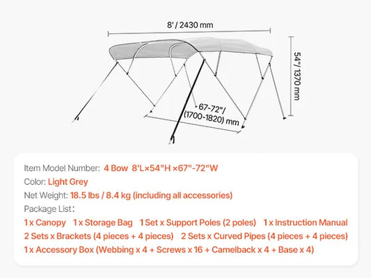 SucceBuy 4 Bow Boat Bimini Top With Aluminum Frame Canopy