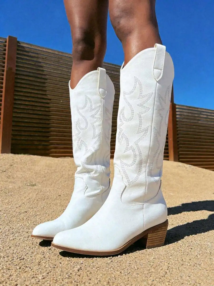 Women's Western Boots with Square Chunky Heel Embroidered Pointed Toe