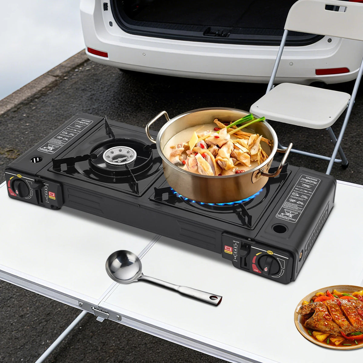 Portable Dual Burner Camping Stove With Auto Ignition Case