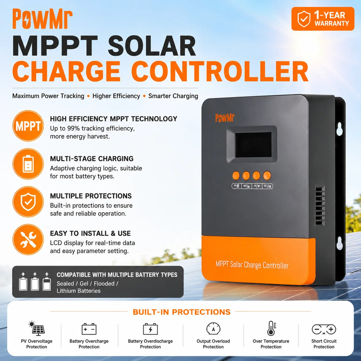 PowMr 60A MPPT Solar Charge Controller 12V 24V 48V 160V