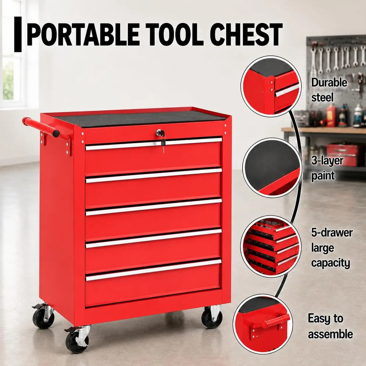 Tacleekii Rolling Steel Five Drawer Tool Chest With Secure Lock
