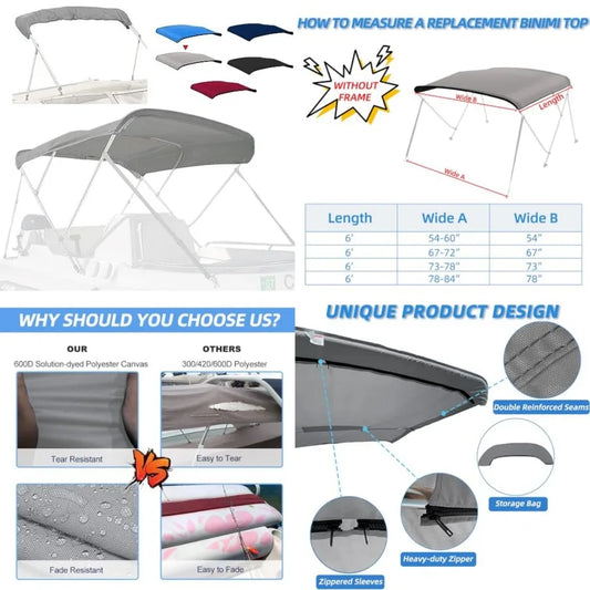 Marine Grade Polyester Bimini Top Replacement Cover With Zipper Sleeves