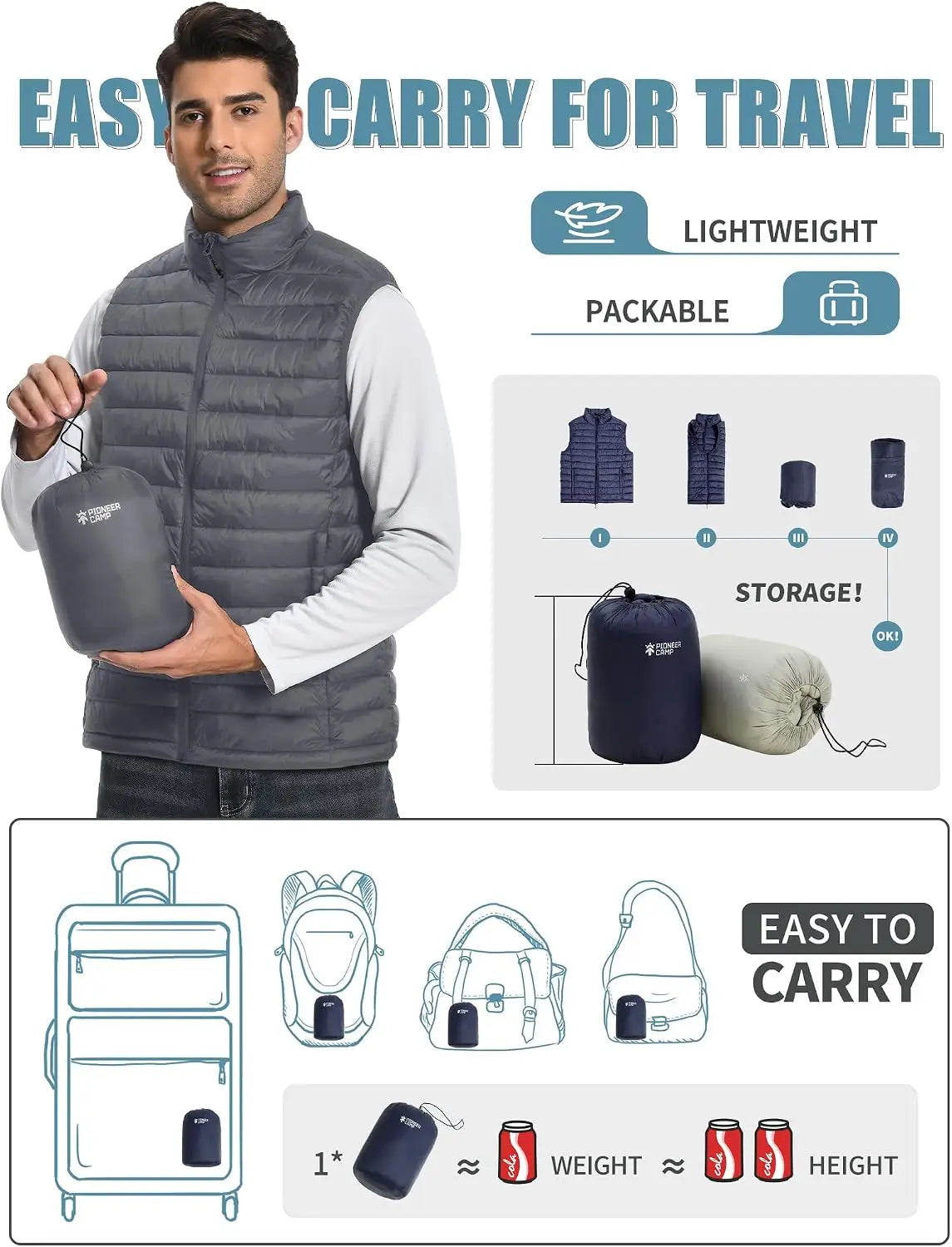 Pioneer Camp Men Packable Water Repellent Quilted Puffer Vest