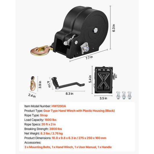 1600Lbs Portable Manual Boat Winch With Strap 2Speed Trailer Towing