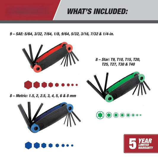 Three Pack Folding Hex Key Set With SAE Metric Star Tools