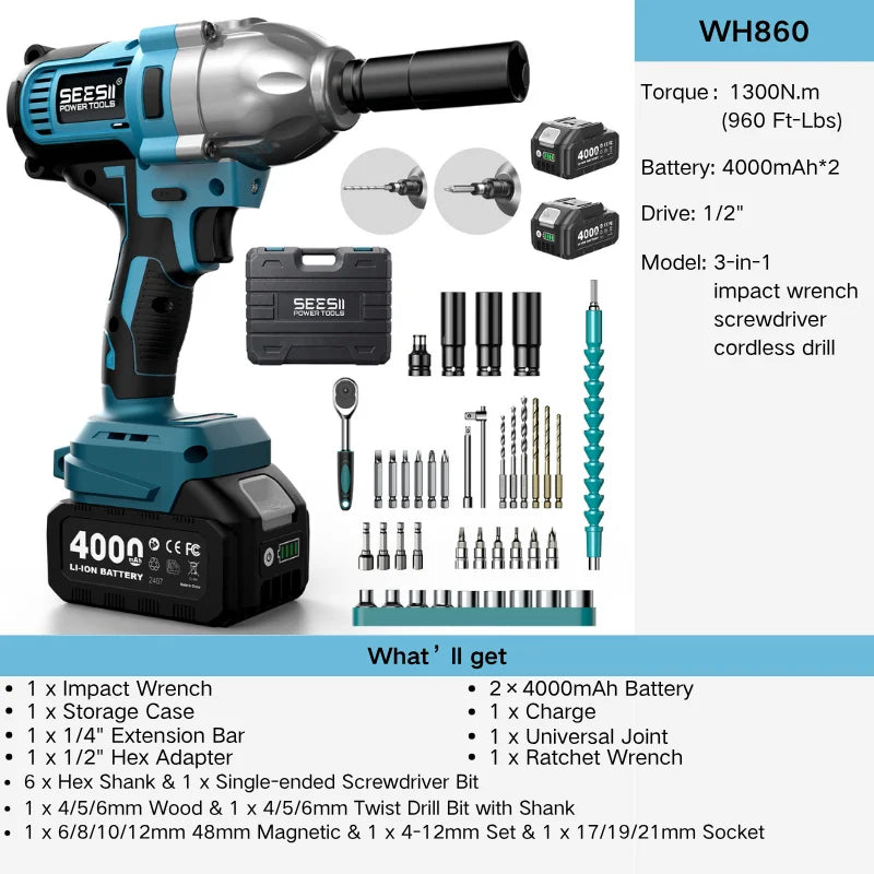 Seesii Cordless Impact Wrench And Brushless Drill Kit