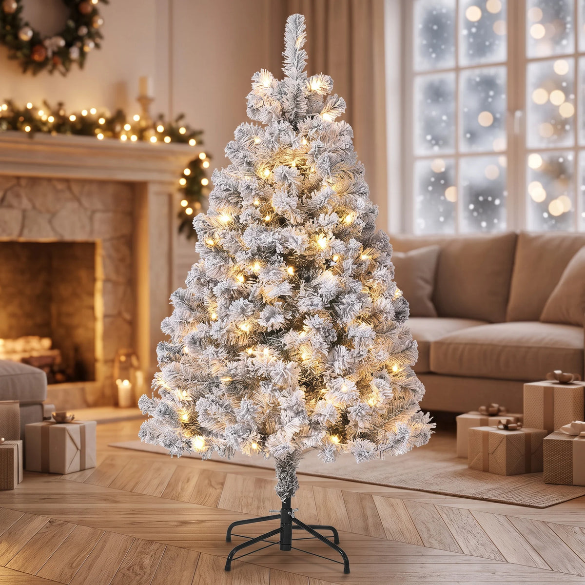 Garveelife Flocked Artificial Christmas Tree With Warm Lights