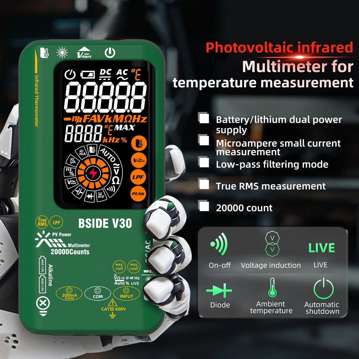 BSIDE Digital Muotimeter With Infrared Temp Meter And True Rms