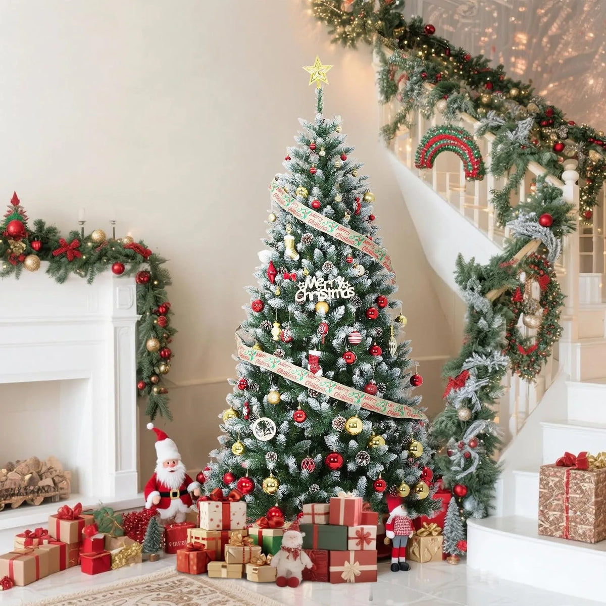 Anixol Pre Lit Flocked Artificial Christmas Tree With Led Lights