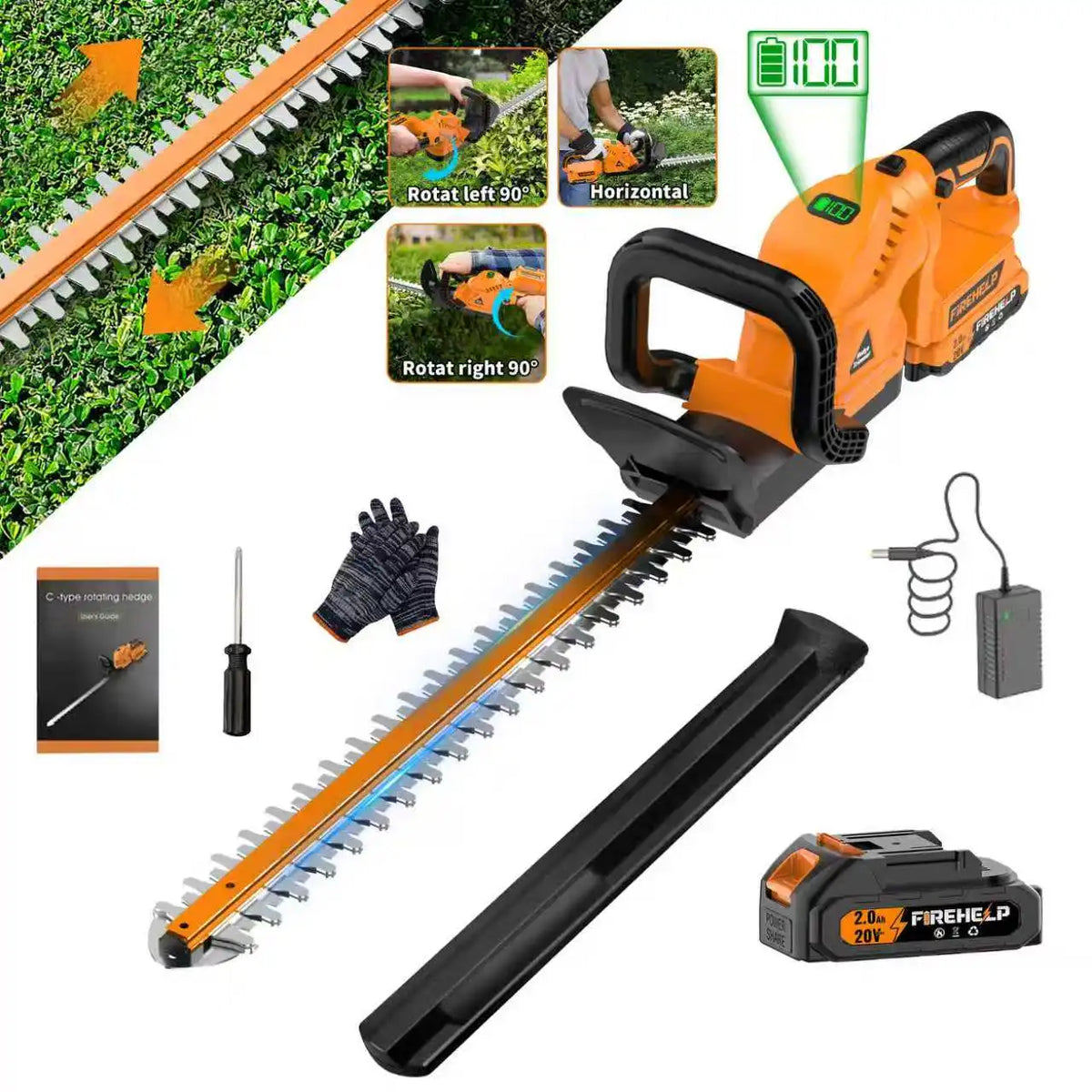 Firehelp Cordless Rechargeable Hedge Trimmer With Batteries Included