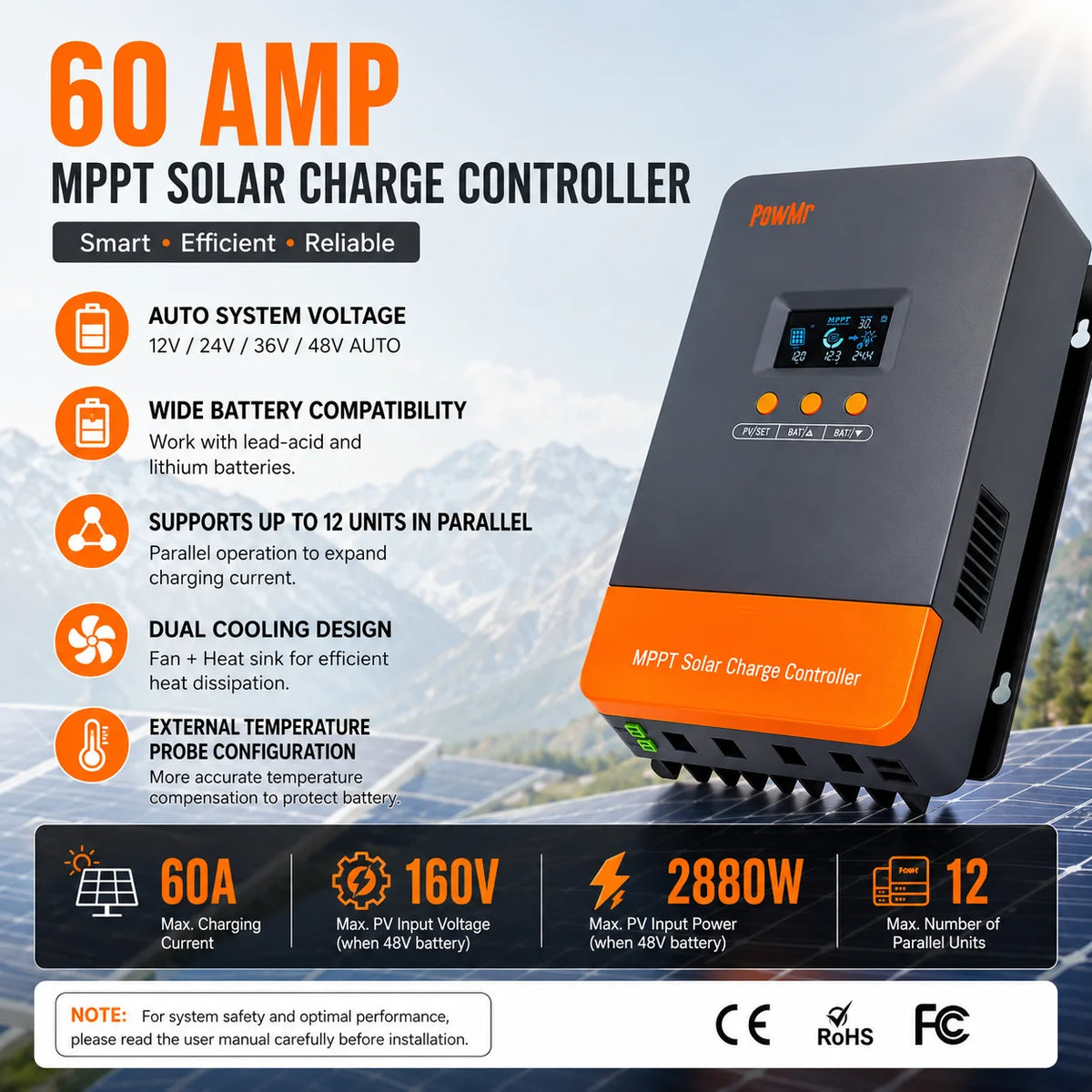 PowMr 60A MPPT Solar Charge Controller 12V 24V 48V 160V