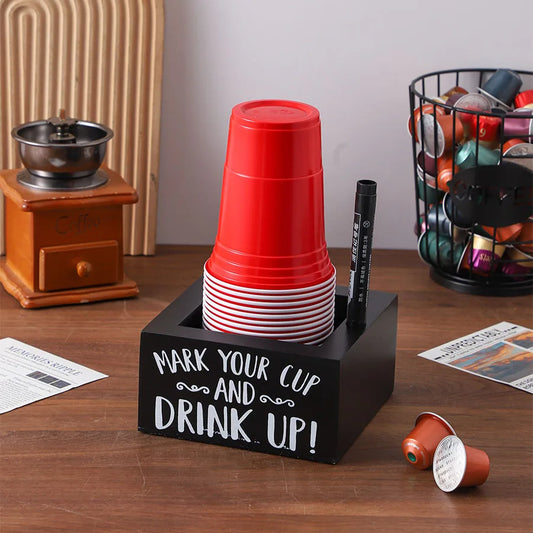 Wooden Cup Dispenser With Marker Holder Desktop Organizer