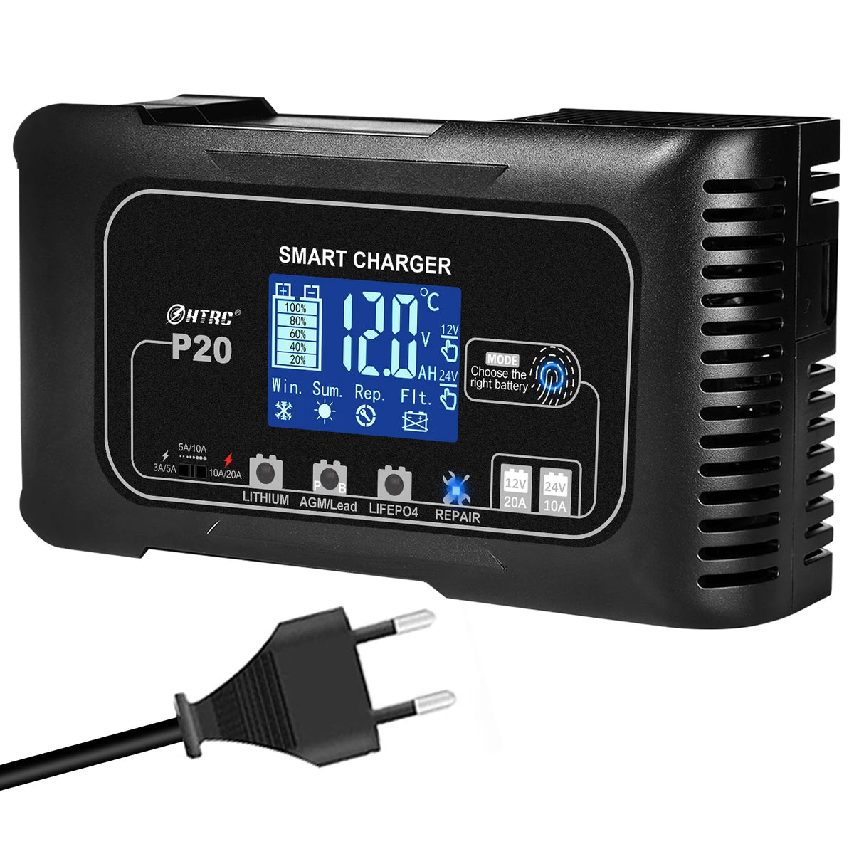 HTRC Automatic Car Battery Charger With Digital Display For Vehicles