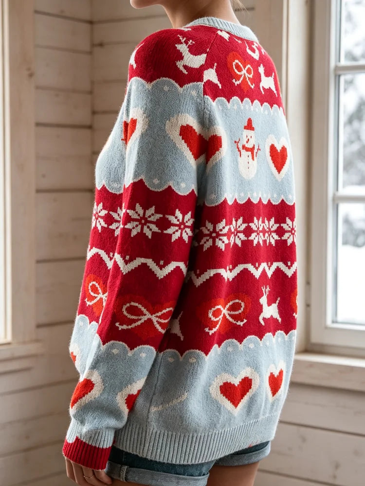 Women Christmas Sweater Reindeer Snowman Jacquare Knit Pullover Bow