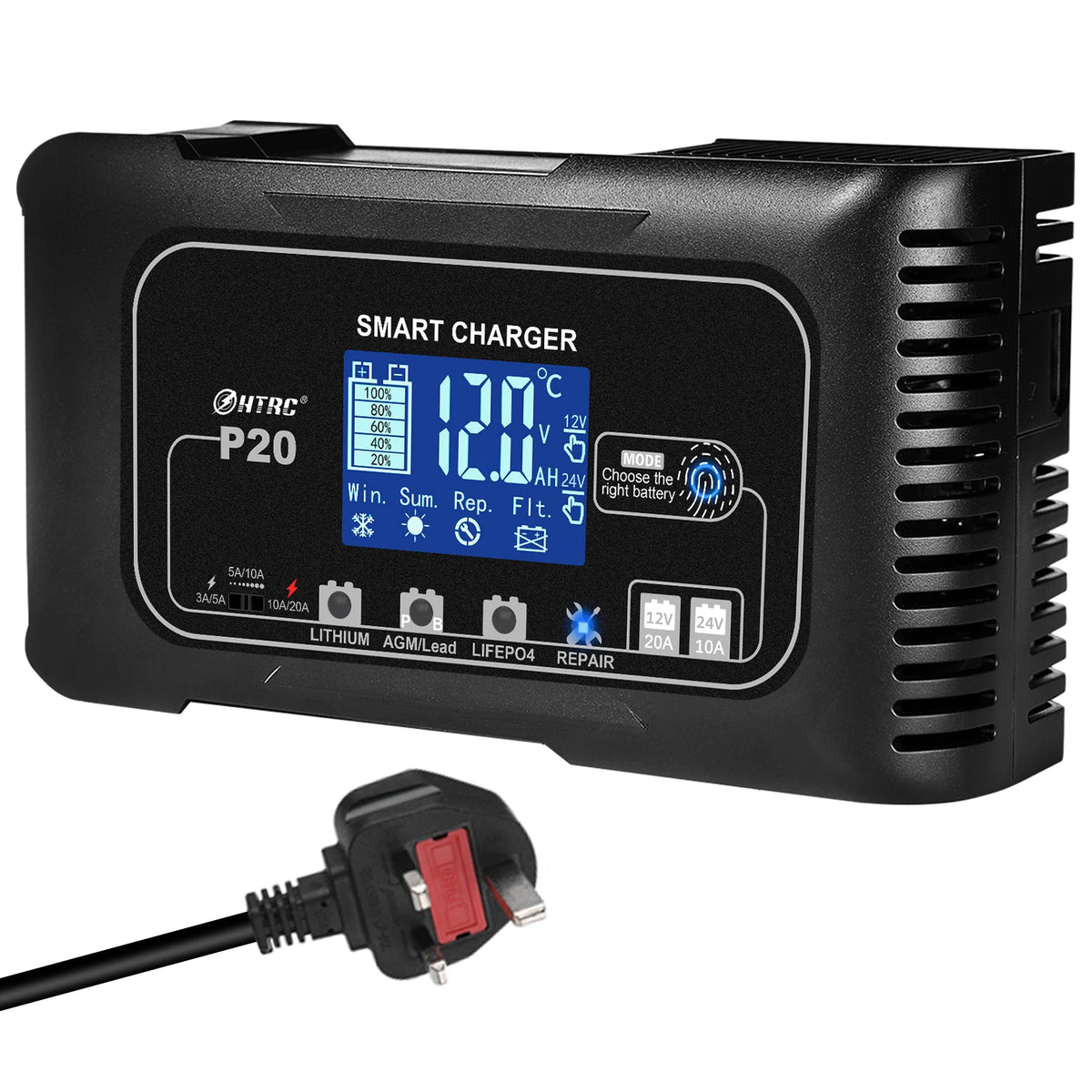 HTRC Automatic Car Battery Charger With Digital Display For Vehicles